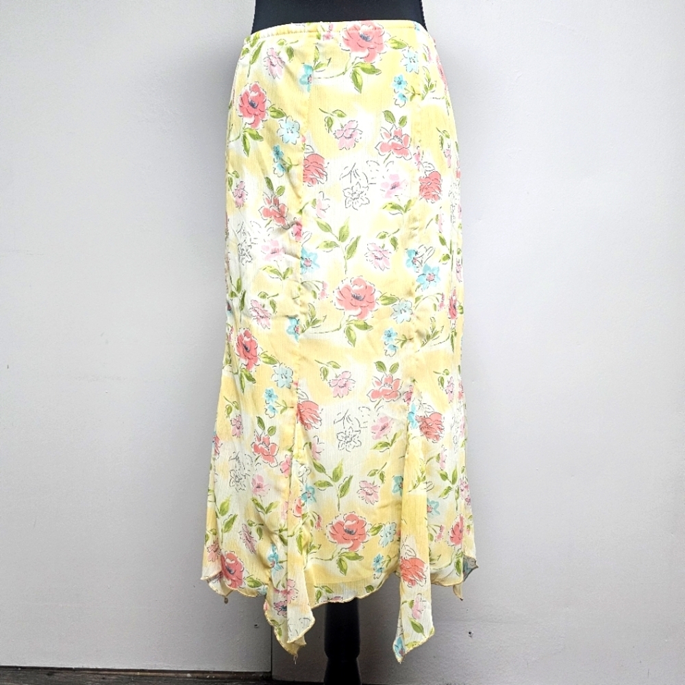Vintage Notations Butter Yellow Petal Pink Floral Midi Skirt Cottagecore Fairy‎